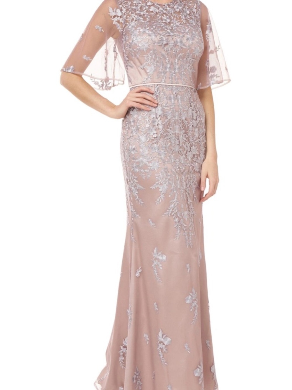 JS Collections Mauve Evening Gown with Silver Lace embroidery size 6